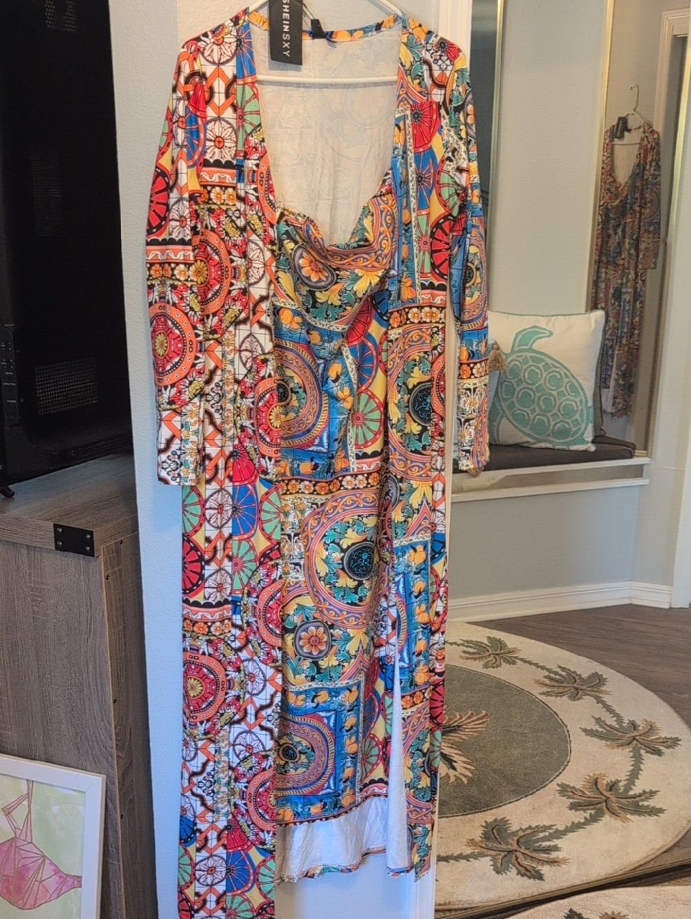 Bright Medallion Print Maxi Dress with Cowl Neck And Matching Long Jacket Brand